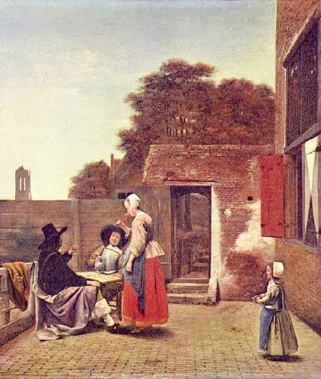 Pieter de Hooch Hof mit zwei Offizieren und trinkender Frau oil painting picture